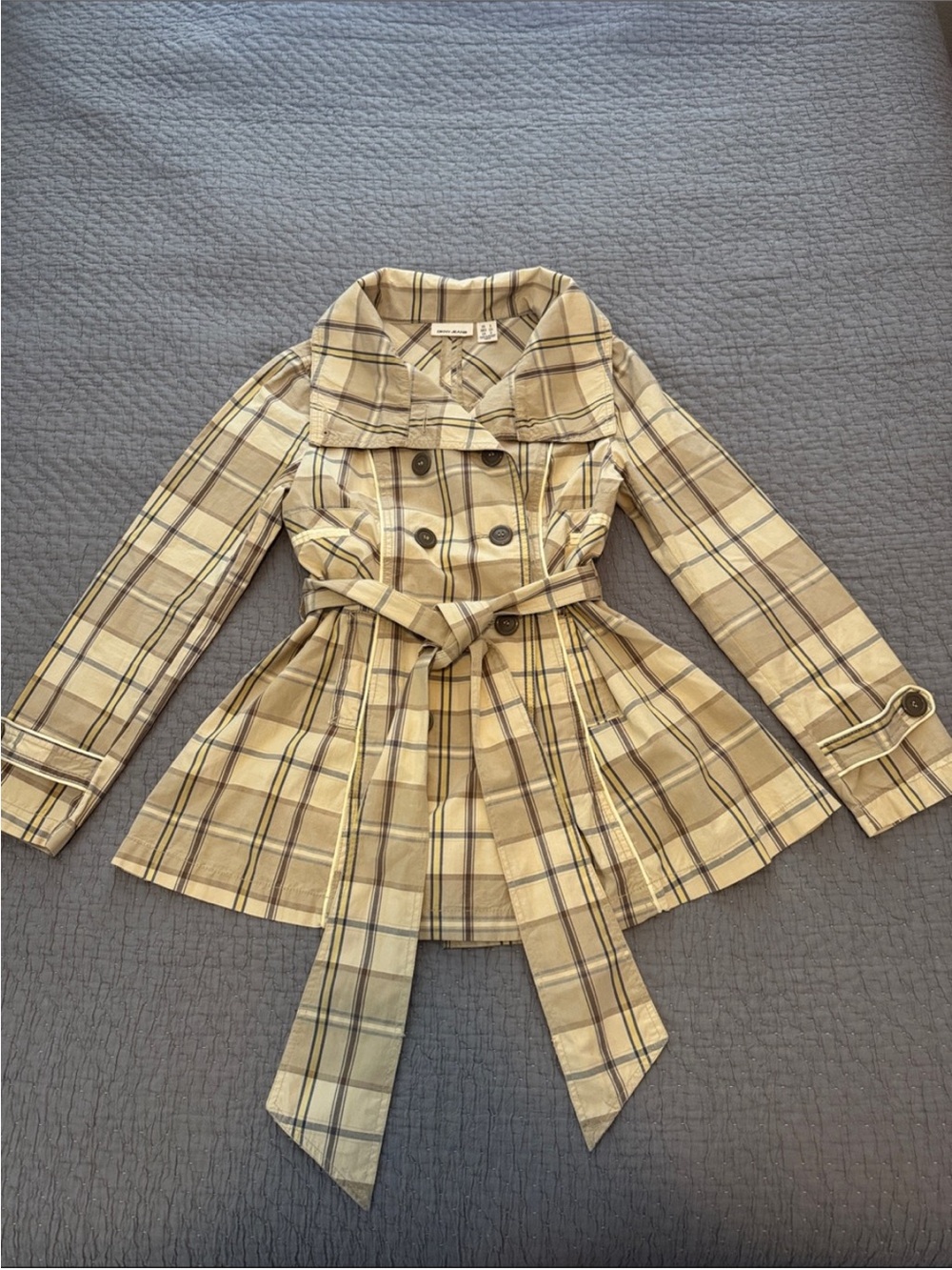 DKNY Beige Plaid Belted Trench Coat Jacket